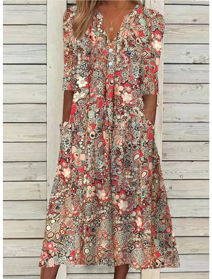Camille | Vintage Floral Boho Half-Sleeve Women Summer Midi Dress