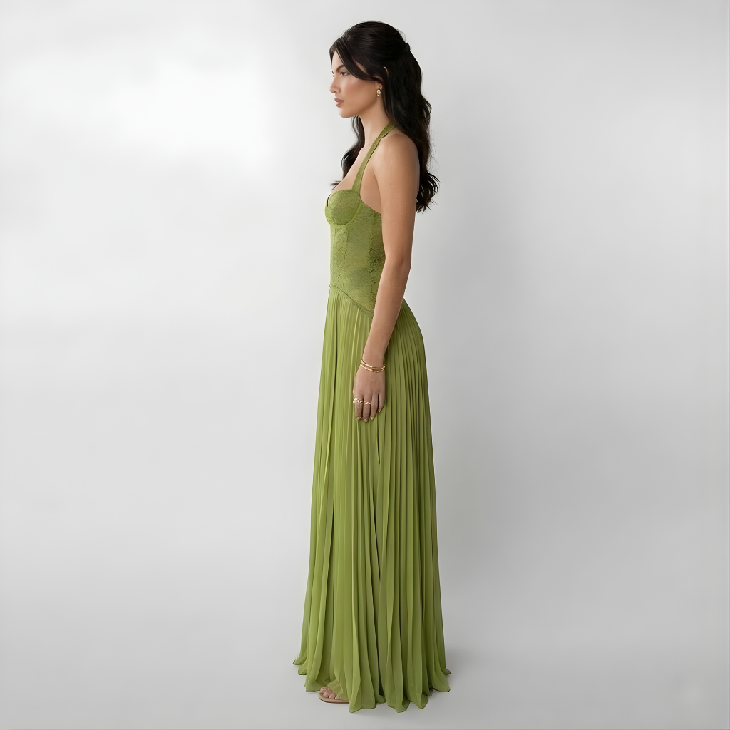 Raquel | Pleated Halter Fitted-Bodice Women Summer Maxi Dress