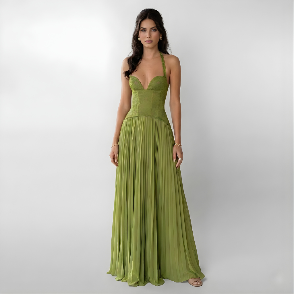 Raquel | Pleated Halter Fitted-Bodice Women Summer Maxi Dress
