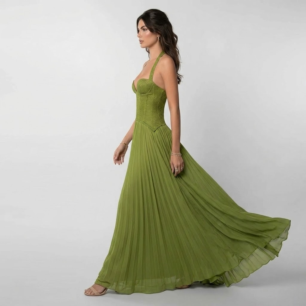 Raquel | Pleated Halter Fitted-Bodice Women Summer Maxi Dress