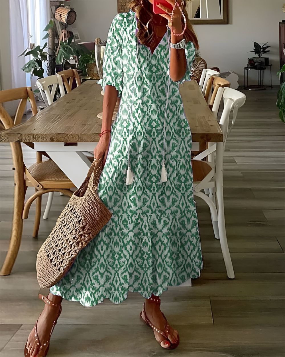 Eloise | Bohemian Tassel-Tie Printed Women Summer Maxi Dress