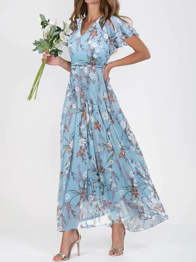 Elisa | Flutter-Sleeve Floral A-Line Women Summer Maxi Dress