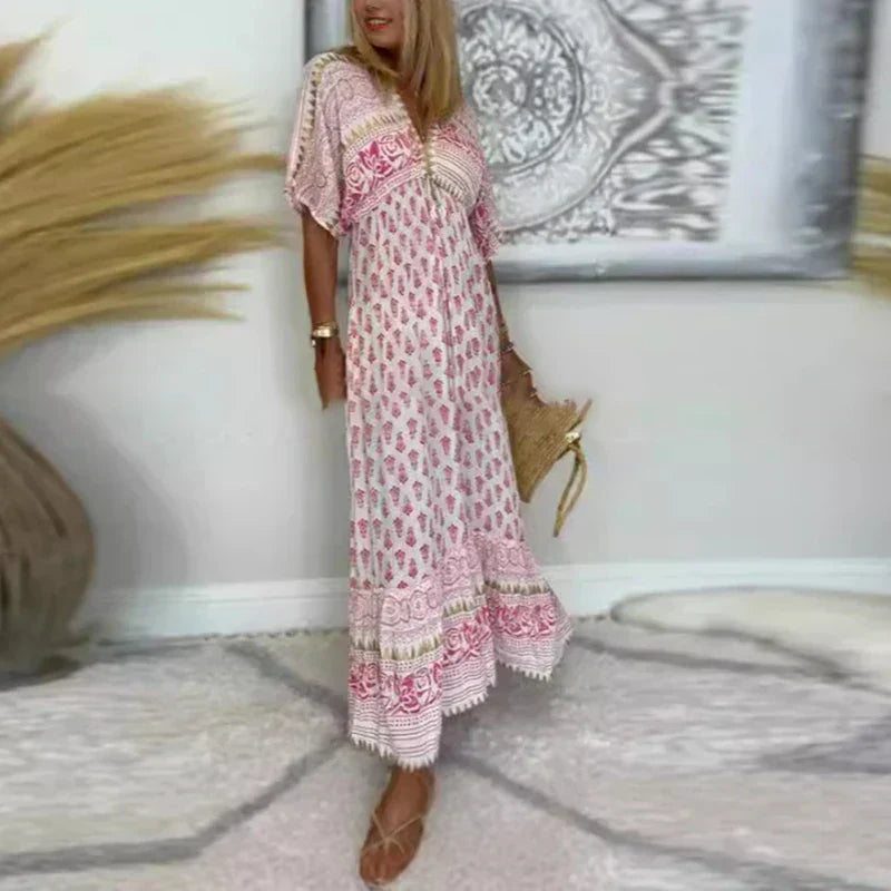 Aurora | Boho Border-Print Short-Sleeve Women Summer Maxi Dress