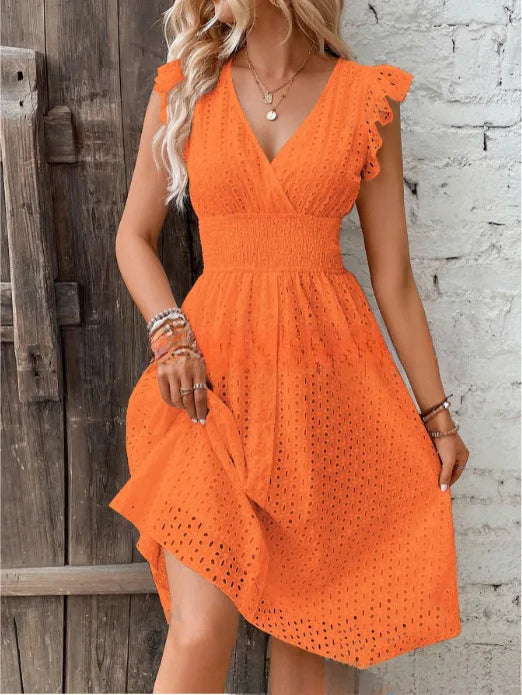 Lily | Eyelet Smocked-Waist V-Neck Women's Knee-Length Summer Dress