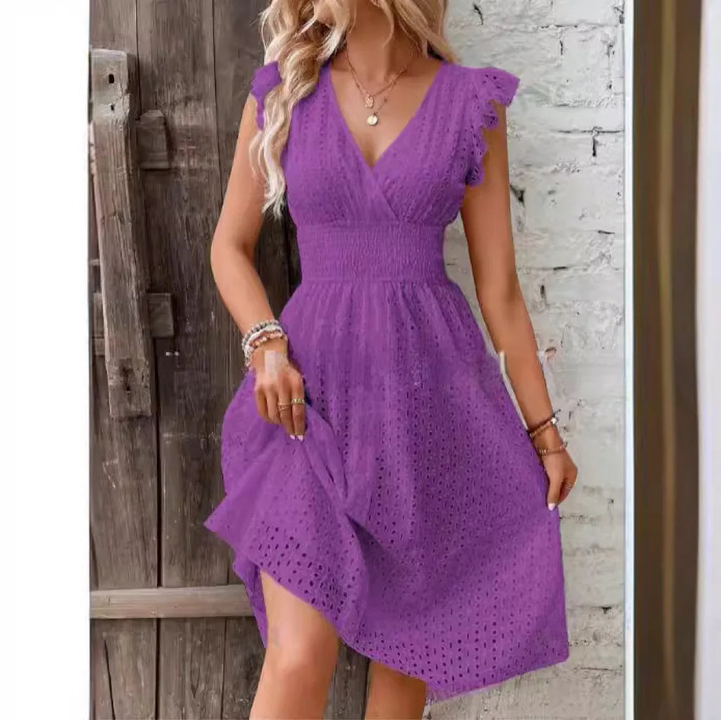 Lily | Eyelet Smocked-Waist V-Neck Women's Knee-Length Summer Dress