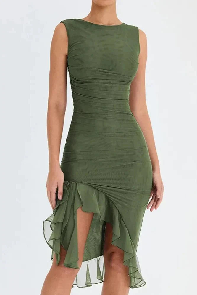 Eva | Ruched Asymmetric Ruffle-Trim Women Summer Midi Dress