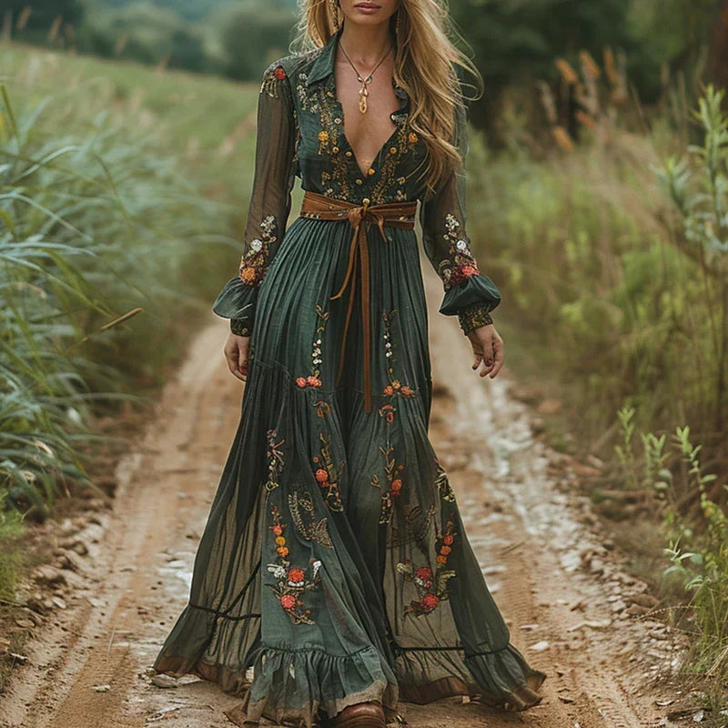 Annika | Vintage Floral Sheer-Sleeve Women Summer Maxi Dress