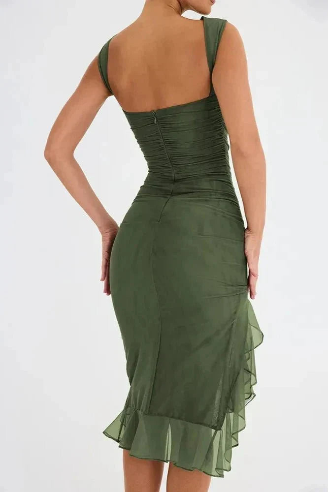 Eva | Ruched Asymmetric Ruffle-Trim Women Summer Midi Dress