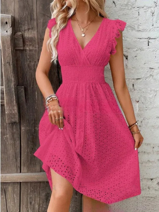 Lily | Eyelet Smocked-Waist V-Neck Women's Knee-Length Summer Dress