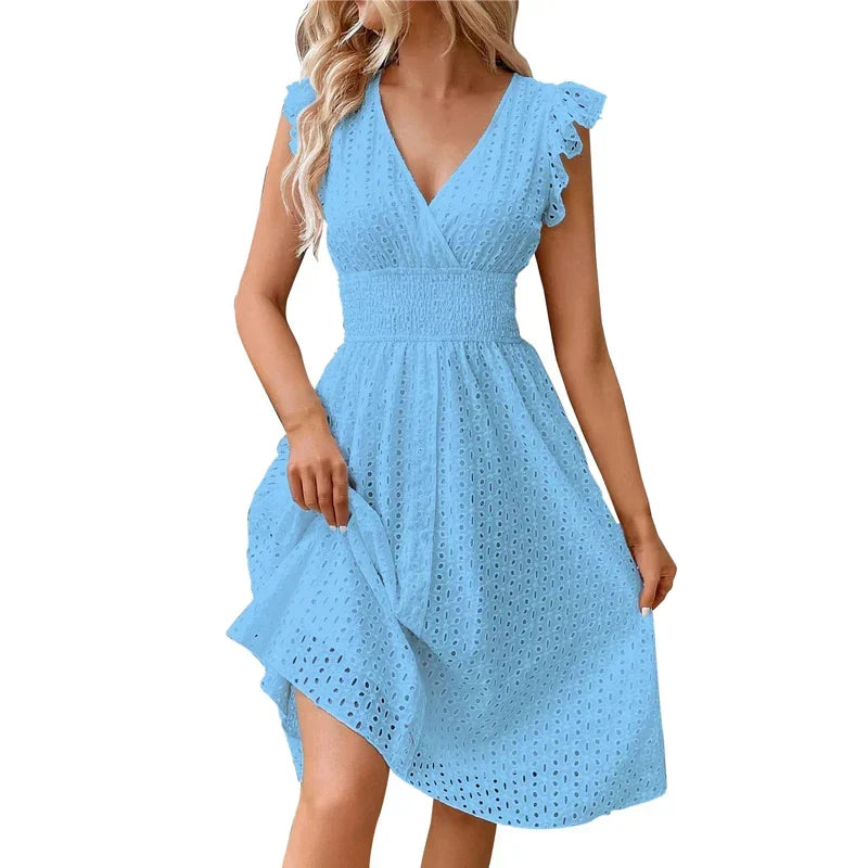 Lily | Eyelet Smocked-Waist V-Neck Women's Knee-Length Summer Dress
