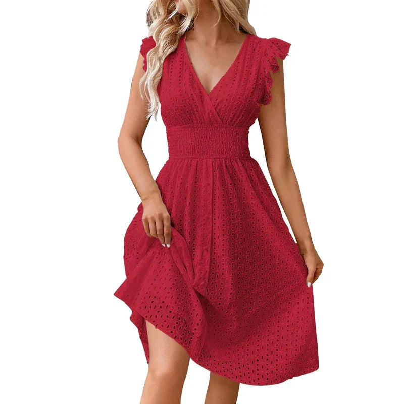 Lily | Eyelet Smocked-Waist V-Neck Women's Knee-Length Summer Dress