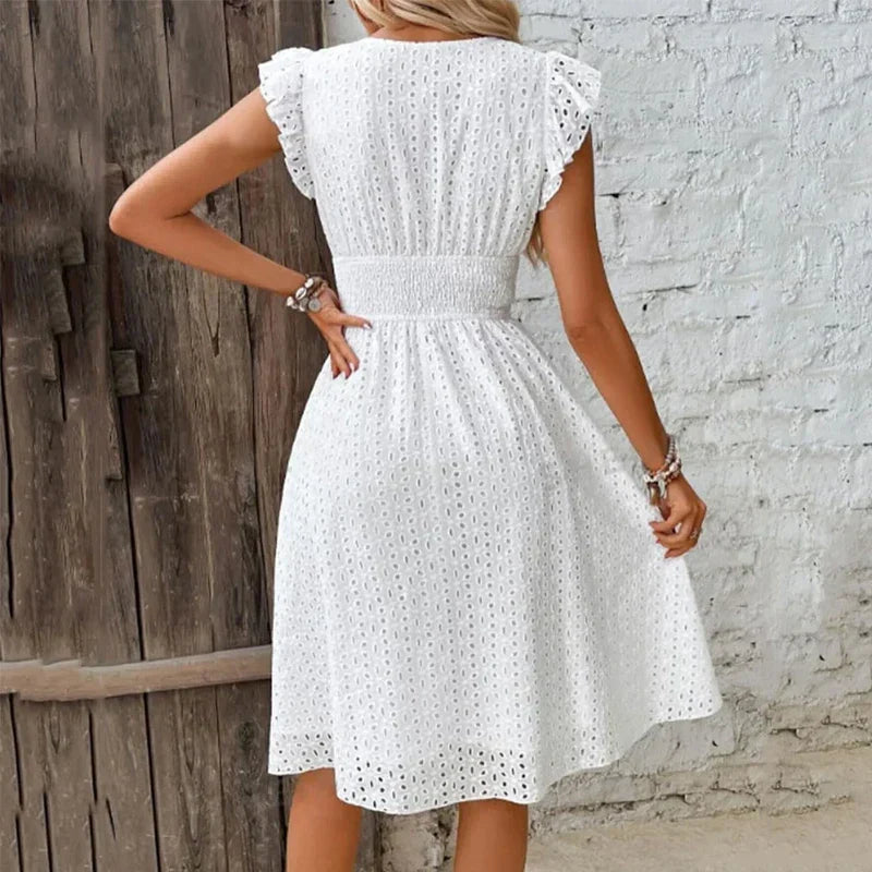 Lily | Eyelet Smocked-Waist V-Neck Women's Knee-Length Summer Dress