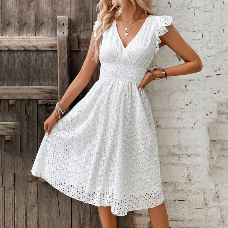 Lily | Eyelet Smocked-Waist V-Neck Women's Knee-Length Summer Dress