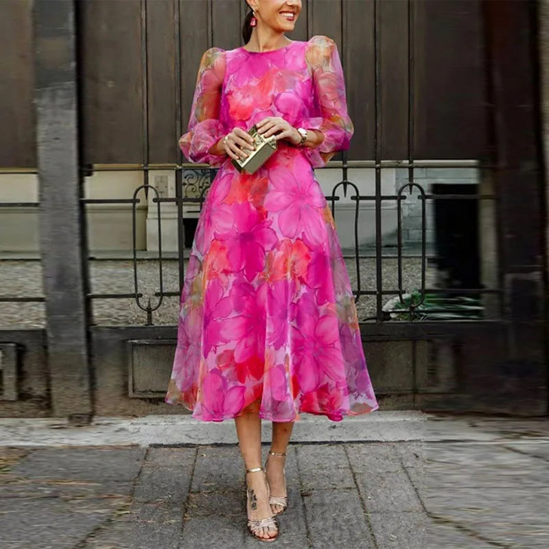 Ariel | Floral Mesh Long Puff-Sleeve Women Summer Midi Dress