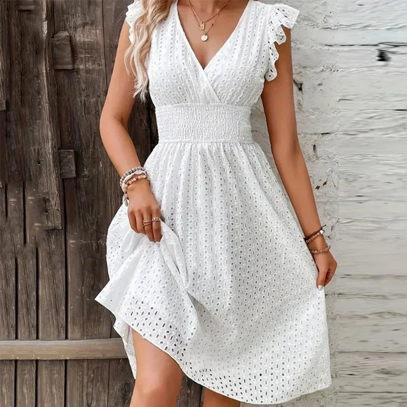Lily | Eyelet Smocked-Waist V-Neck Women's Knee-Length Summer Dress