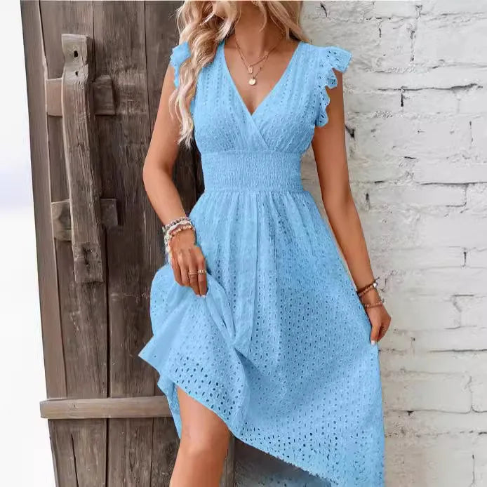 Lily | Eyelet Smocked-Waist V-Neck Women's Knee-Length Summer Dress