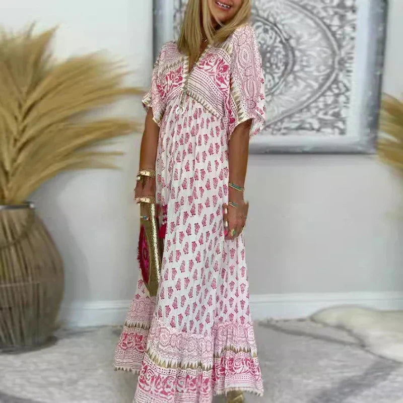 Aurora | Boho Border-Print Short-Sleeve Women Summer Maxi Dress