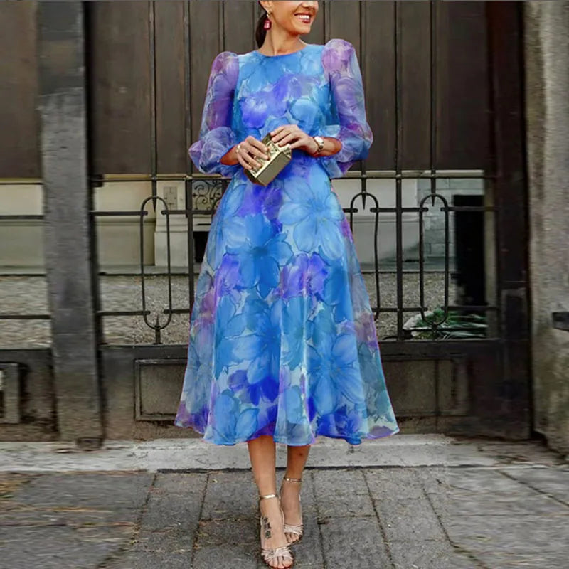 Ariel | Floral Mesh Long Puff-Sleeve Women Summer Midi Dress