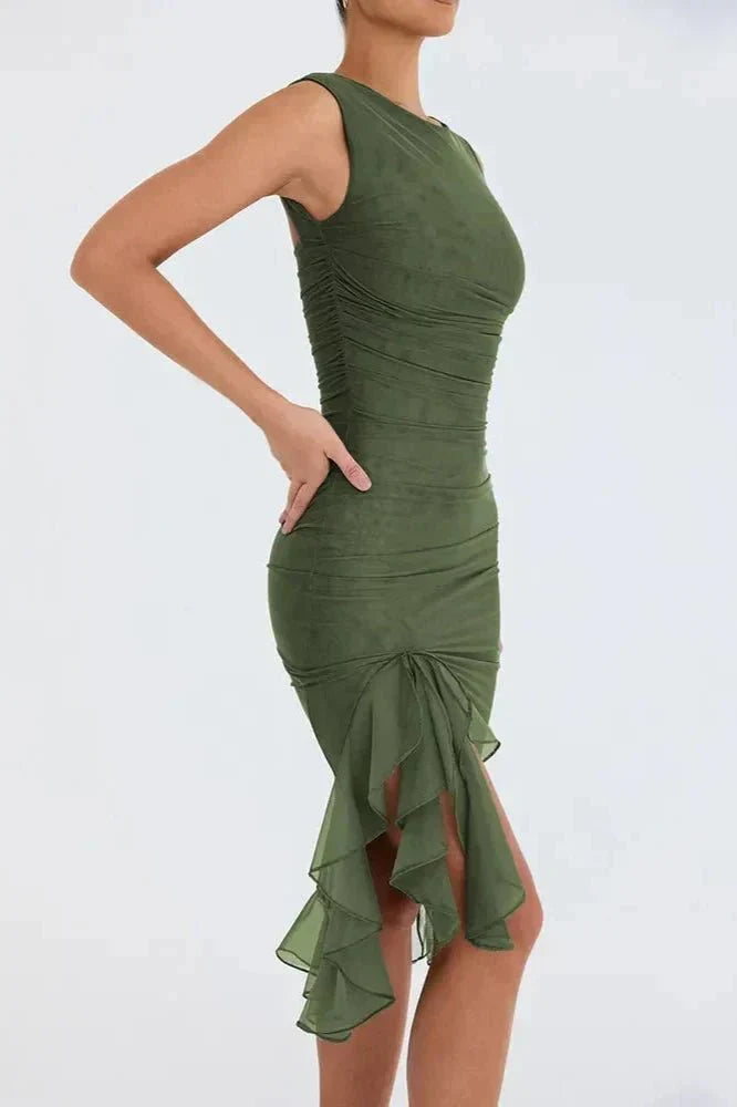 Eva | Ruched Asymmetric Ruffle-Trim Women Summer Midi Dress