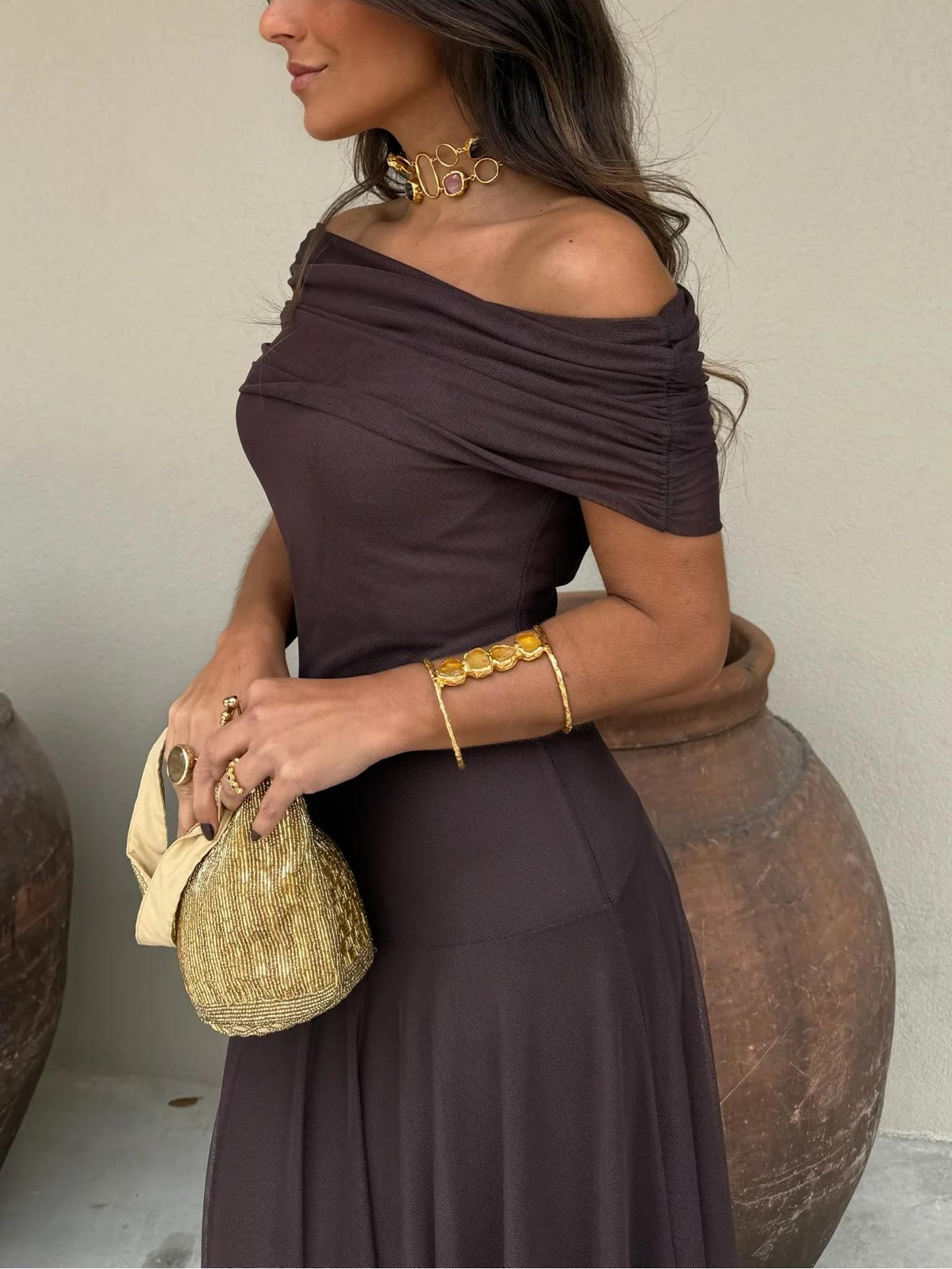 Agnes | Off-Shoulder Draped Flowing Women Summer Maxi Dress