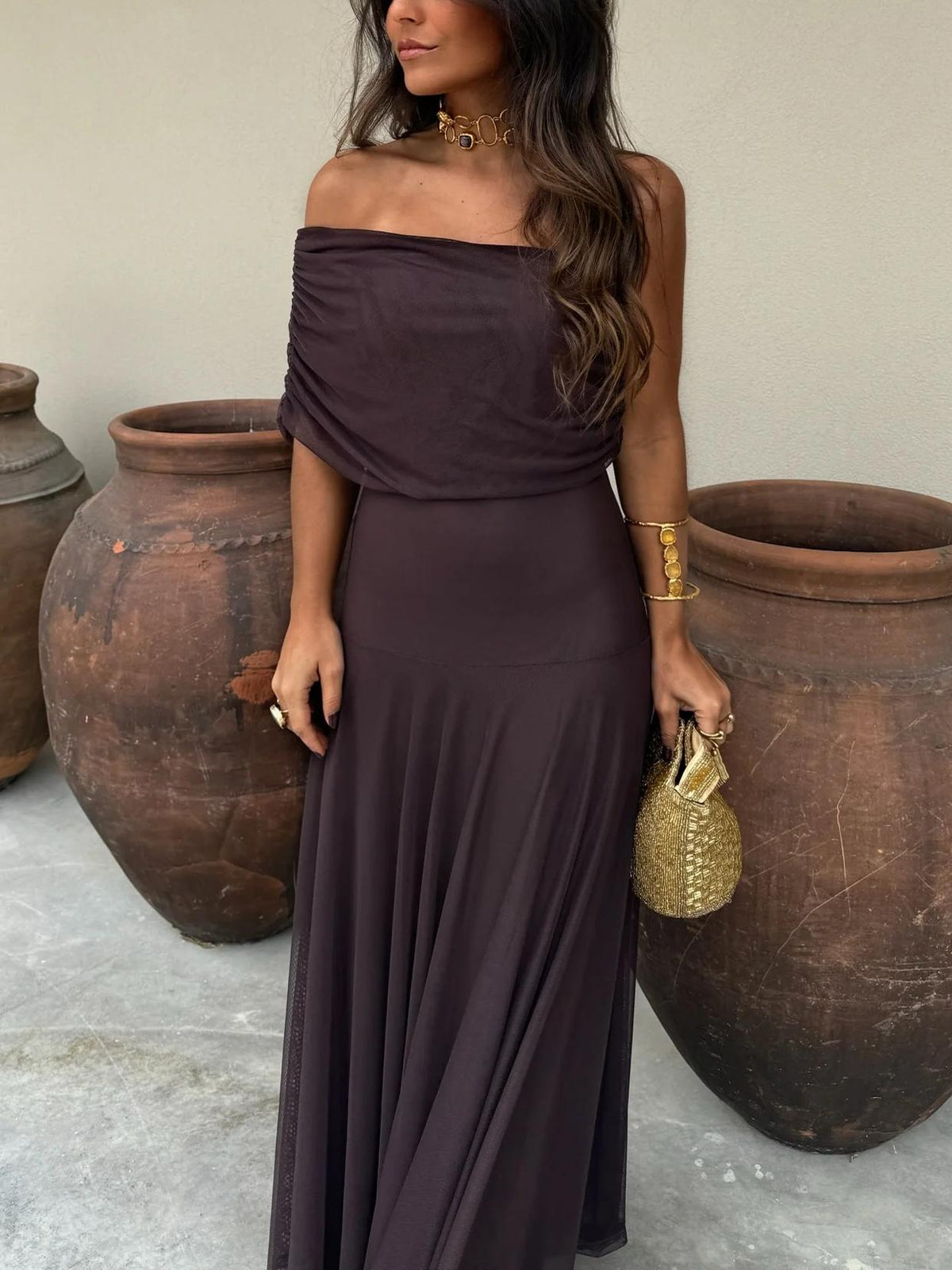 Agnes | Off-Shoulder Draped Flowing Women Summer Maxi Dress