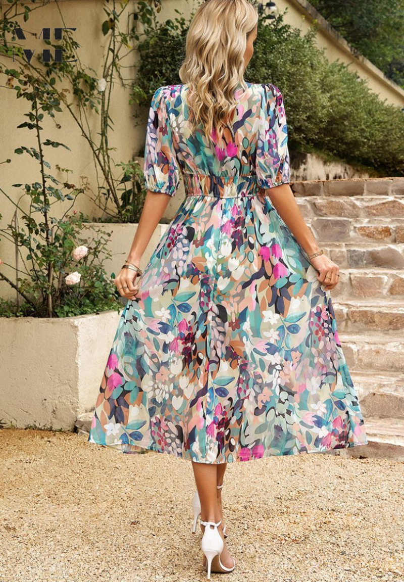 Carmen | Floral Romantic Puff-Sleeve Women Summer Midi Dress