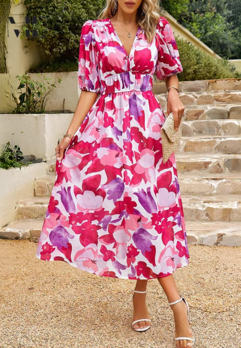 Carmen | Floral Romantic Puff-Sleeve Women Summer Midi Dress