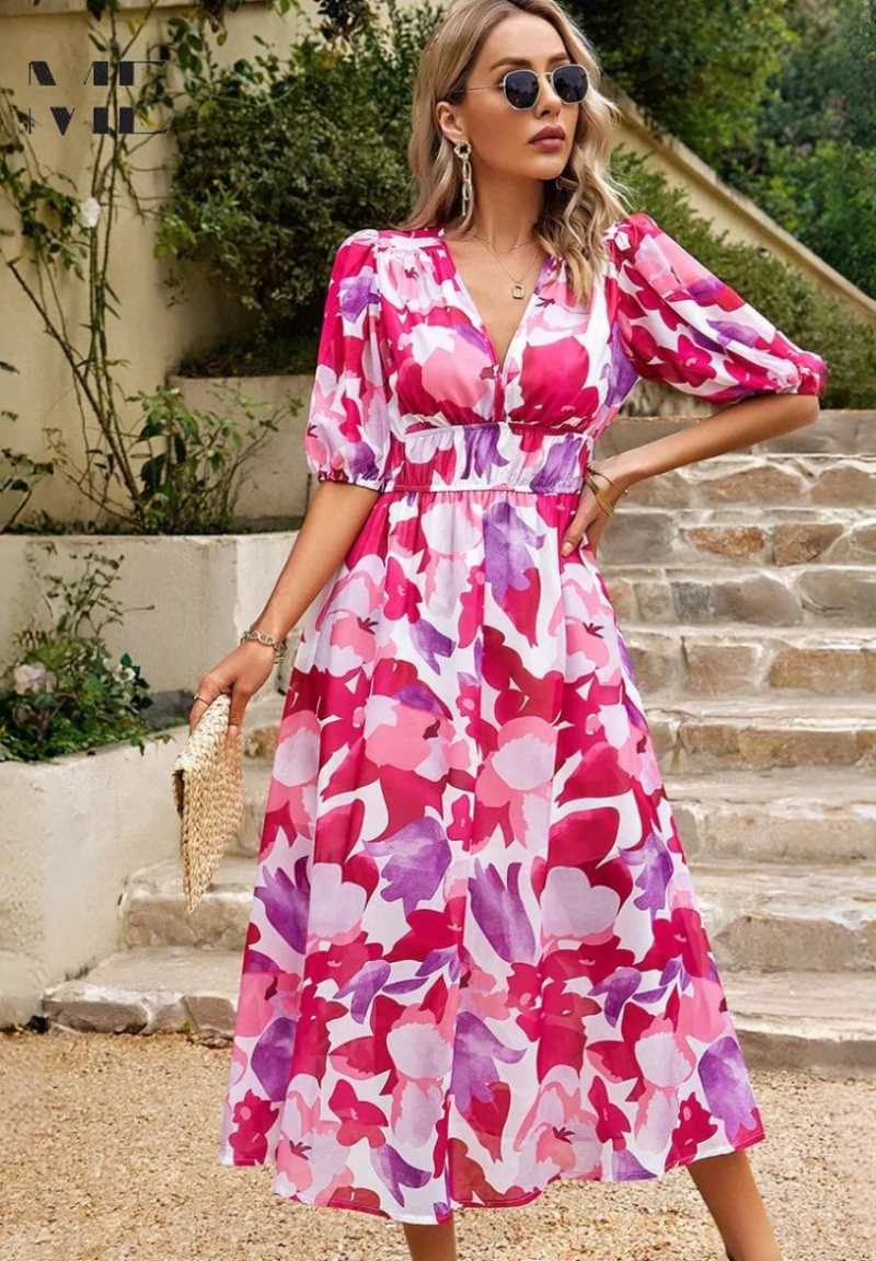 Carmen | Floral Romantic Puff-Sleeve Women Summer Midi Dress