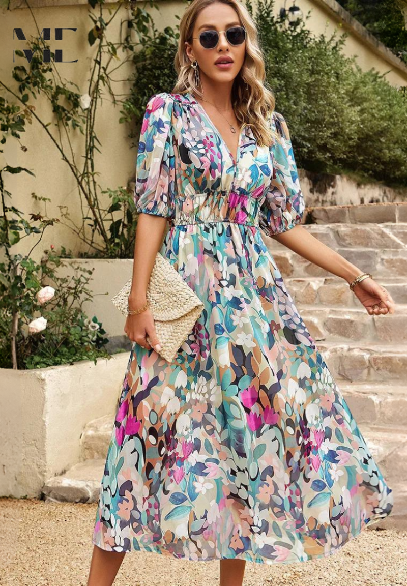 Carmen | Floral Romantic Puff-Sleeve Women Summer Midi Dress