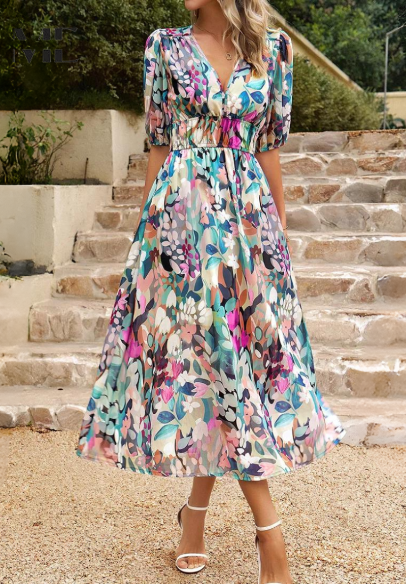 Carmen | Floral Romantic Puff-Sleeve Women Summer Midi Dress