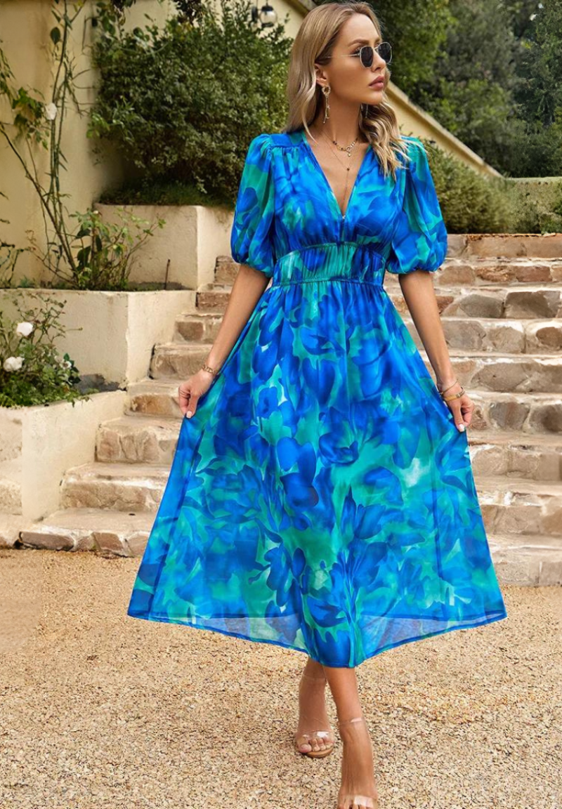 Carmen | Floral Romantic Puff-Sleeve Women Summer Midi Dress