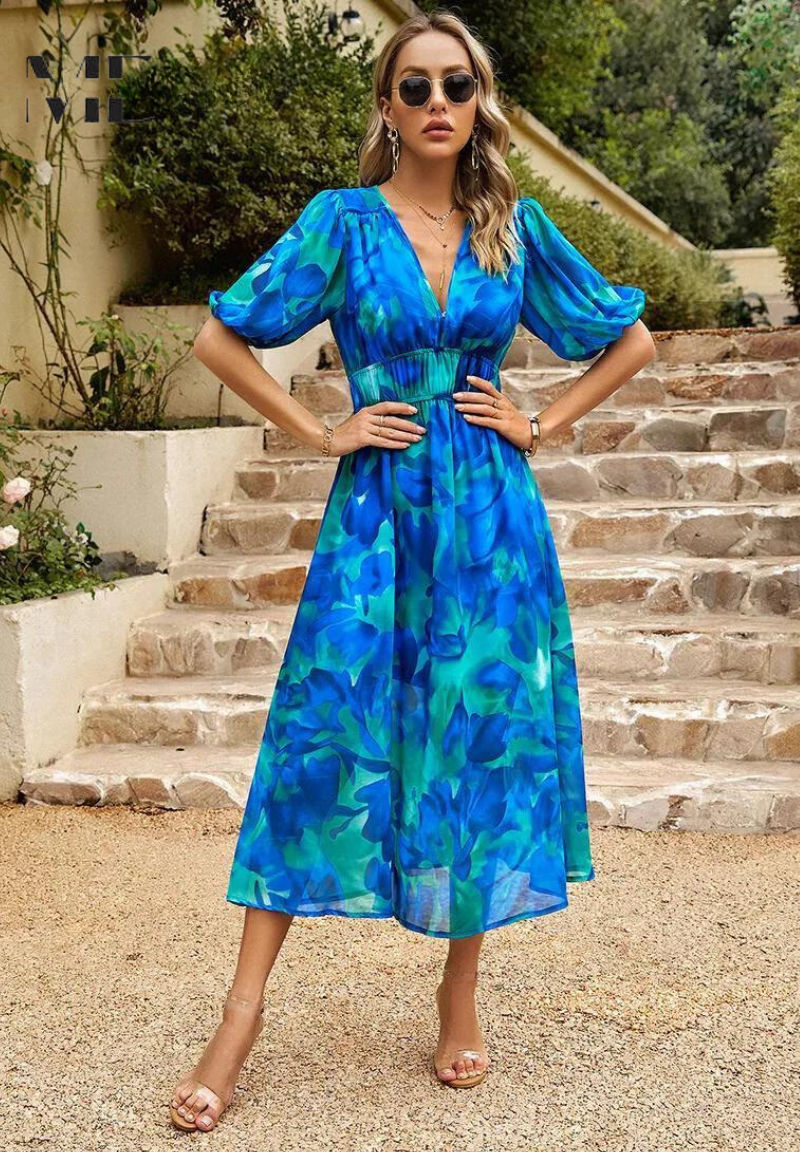 Carmen | Floral Romantic Puff-Sleeve Women Summer Midi Dress