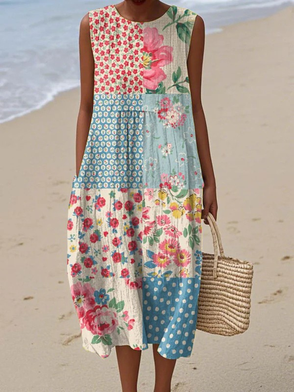 Lola | Loose Patchwork Floral Women Summer Midi Dress