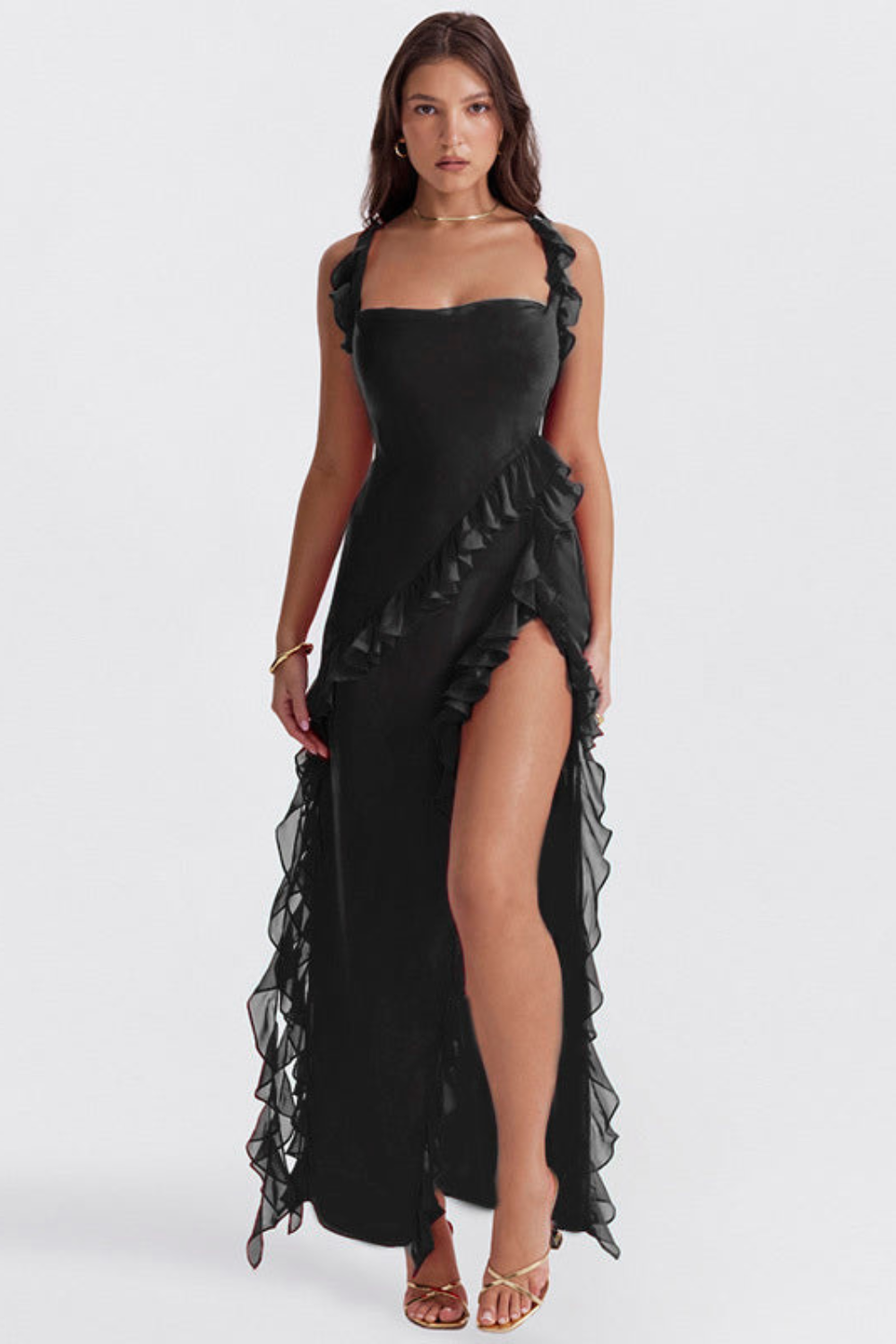 Melantha | Adjustable-Strap Ruffle High-Slit Women's Dress