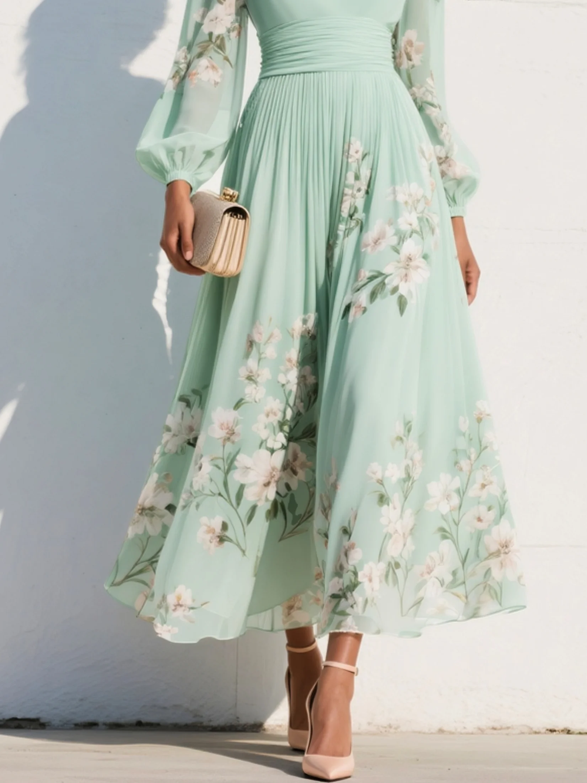 Blythe | Floral Embroidered Sheer-Sleeve Women Summer Midi Dress