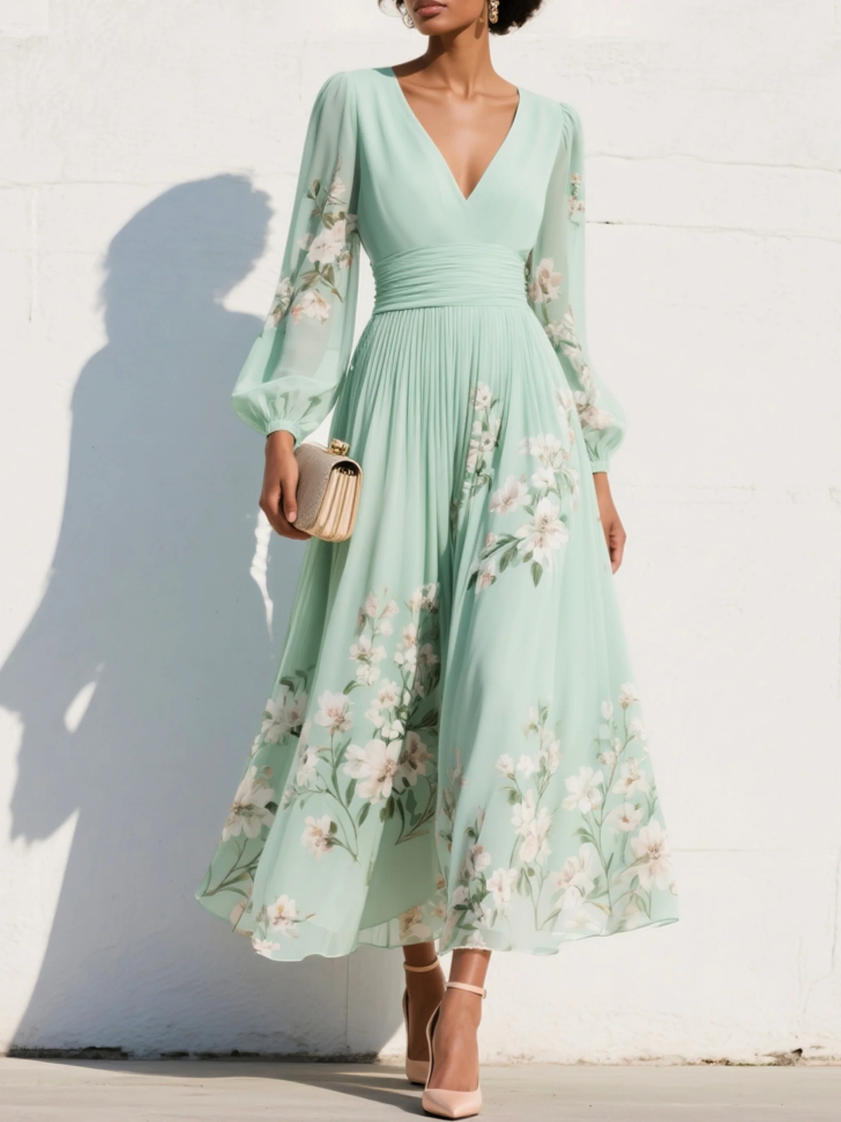 Blythe | Floral Embroidered Sheer-Sleeve Women Summer Midi Dress