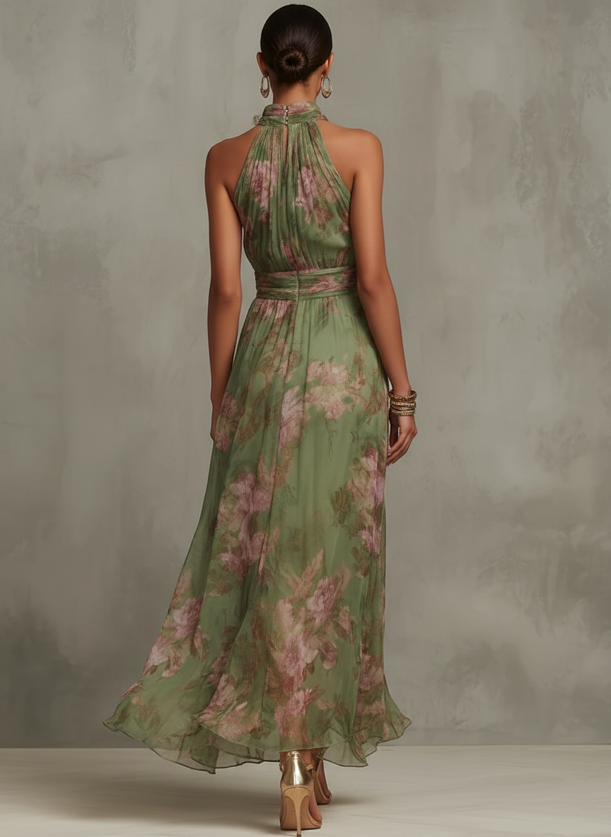 Nina | Floral Halter Defined-Waist Women Summer Maxi Dress
