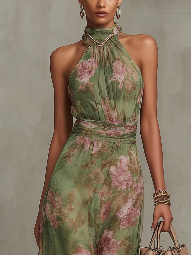 Nina | Floral Halter Defined-Waist Women Summer Maxi Dress