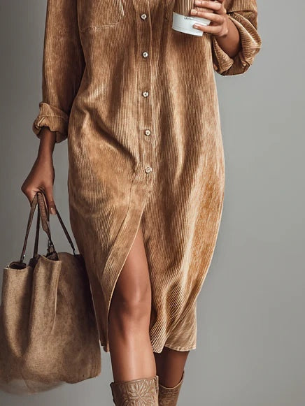 Iris | Corduroy Button-Front Women's Midi Shirt Dress for Autumn