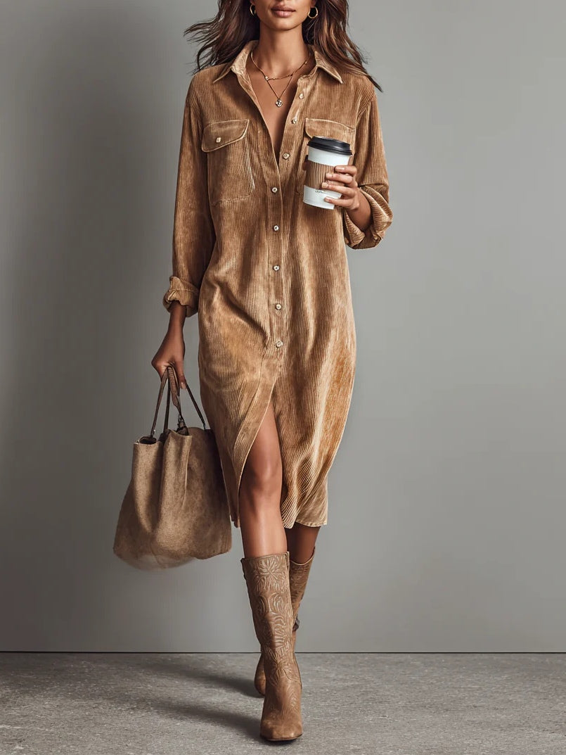 Iris | Corduroy Button-Front Women's Midi Shirt Dress for Autumn