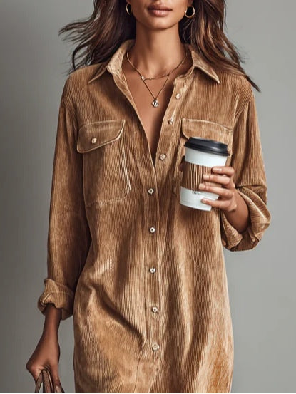 Iris | Corduroy Button-Front Women's Midi Shirt Dress for Autumn
