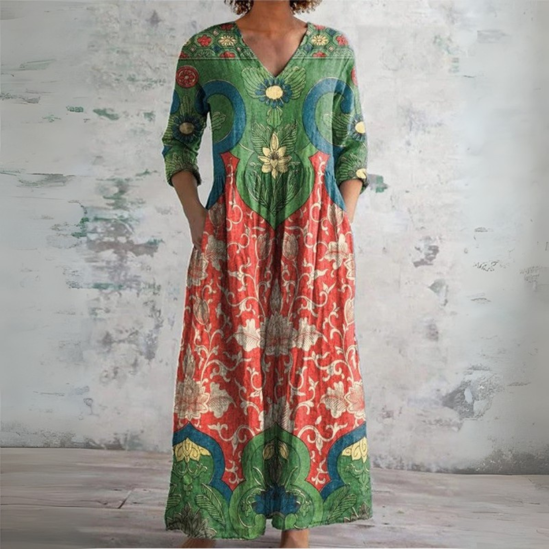 Isabel | Vintage Ornamental Print V-Neck Women Summer Maxi Dress