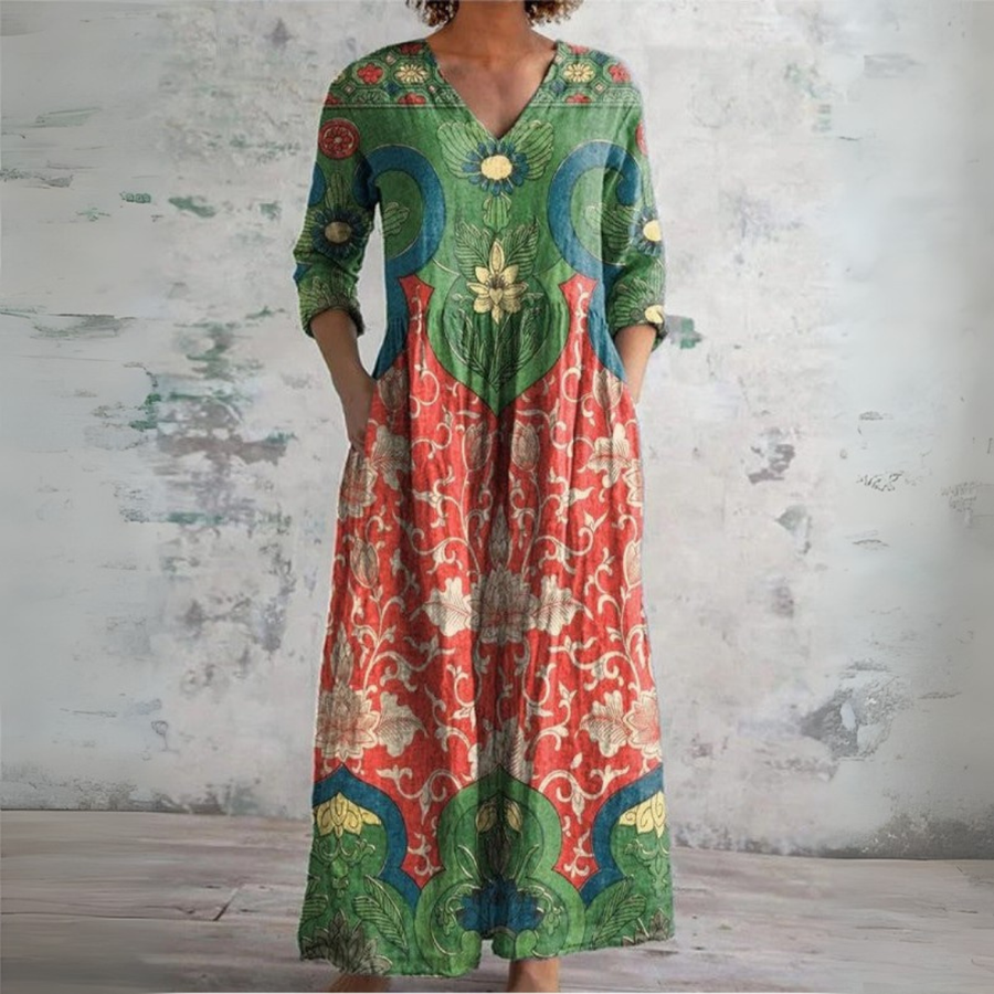 Isabel | Vintage Ornamental Print V-Neck Women Summer Maxi Dress