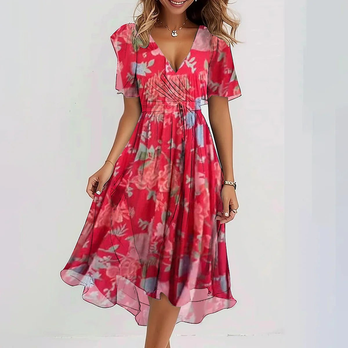 Aubrey | Floral Wrap Waist-Tie Women Summer Midi Dress
