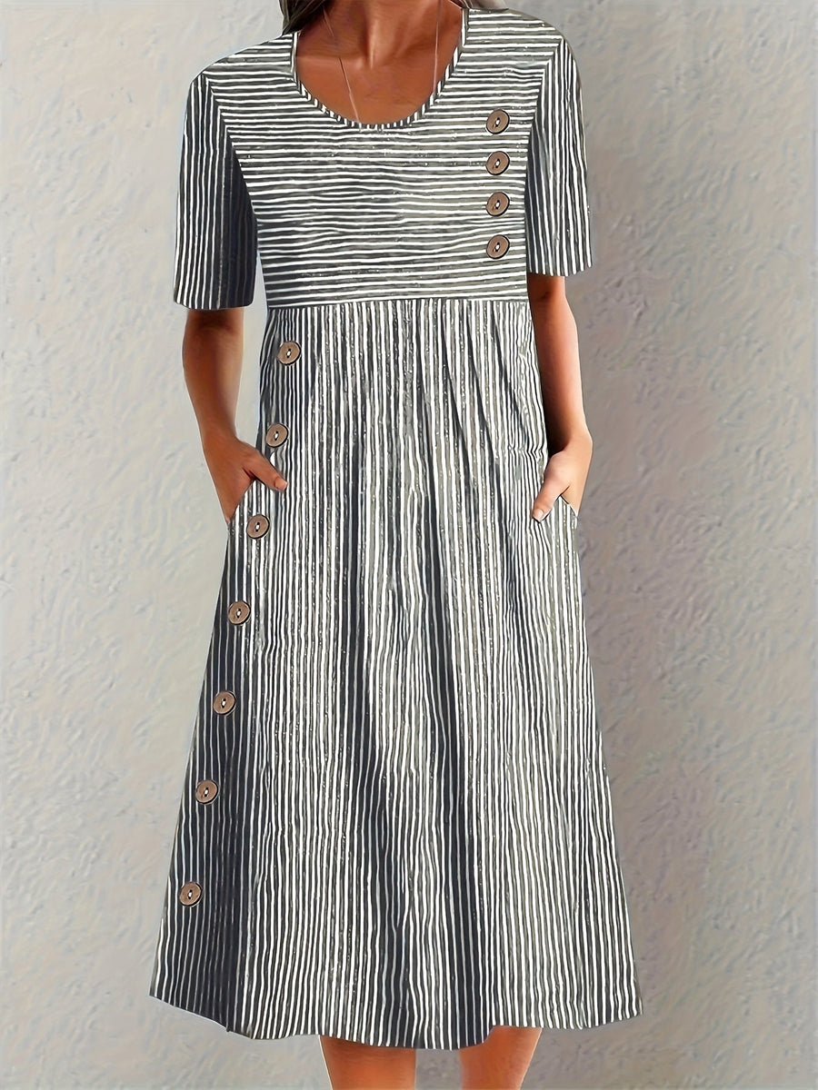 Leila | Striped Button-Detail Relaxed Women Summer Midi Dress