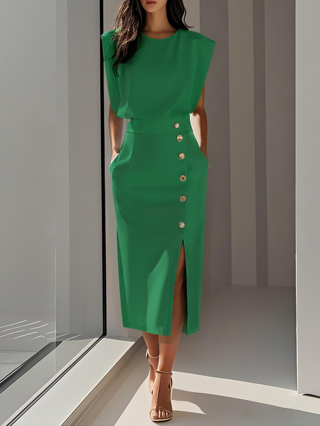 Colette | Sleeveless Side-Button Front-Slit Women Summer Midi Dress
