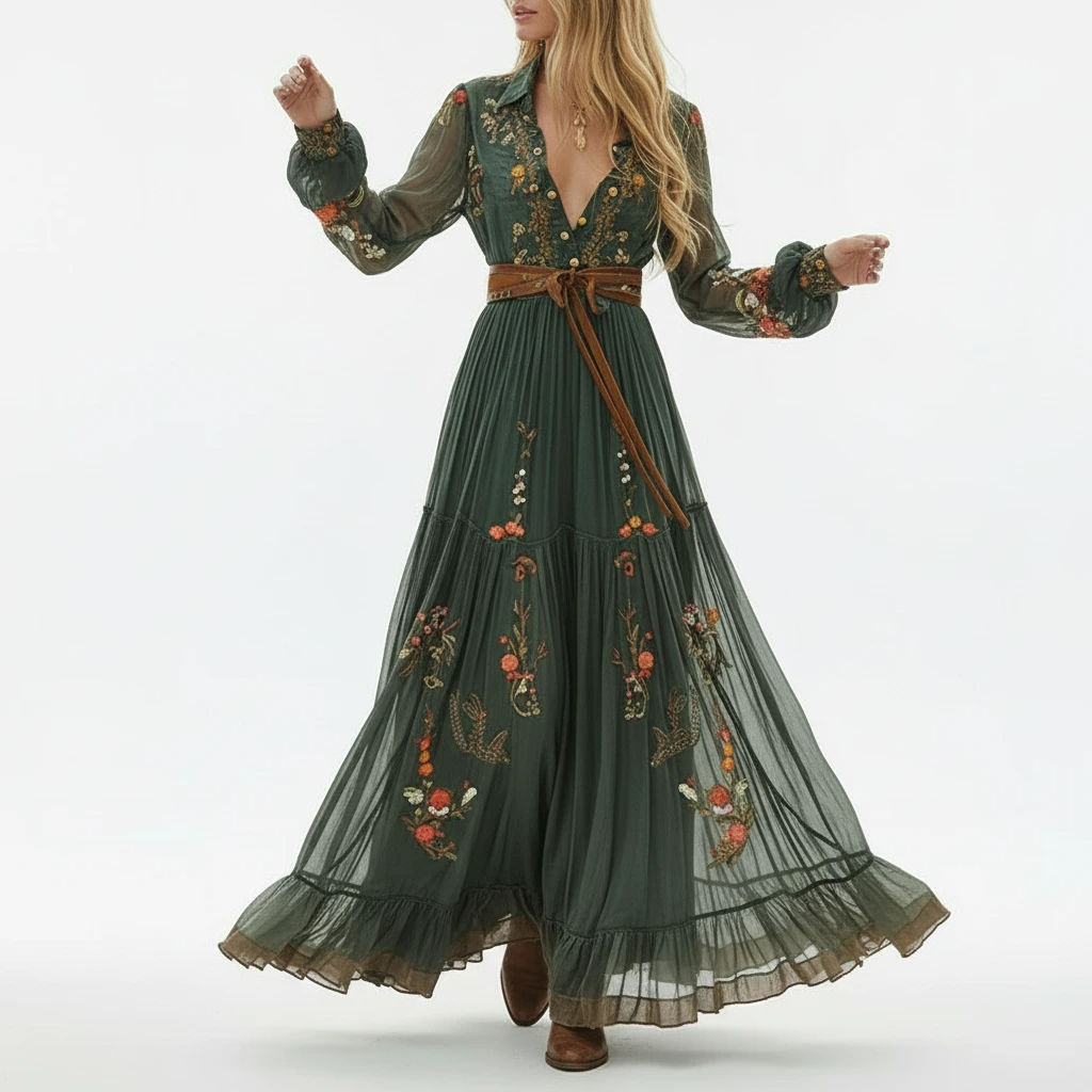 Macy | Embroidered Deep-V Belted Women Summer Maxi Dress