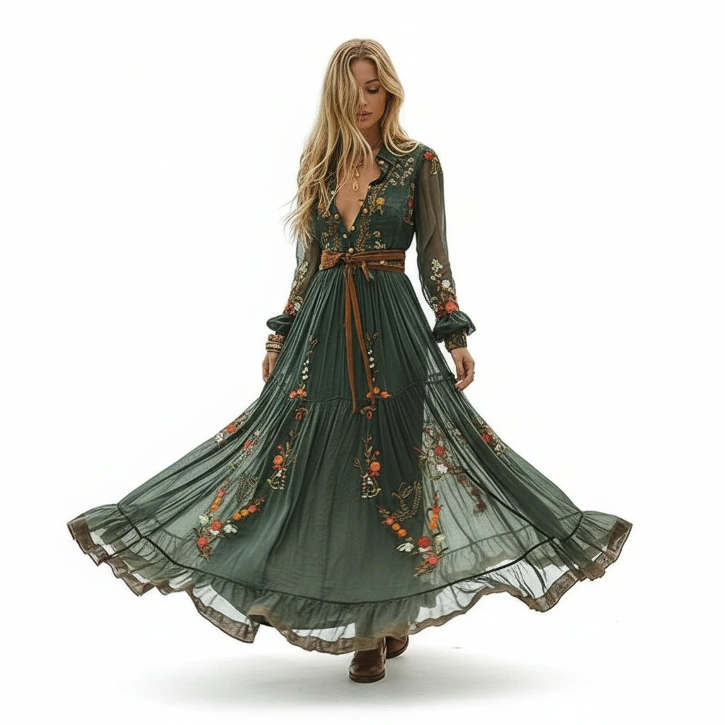 Macy | Embroidered Deep-V Belted Women Summer Maxi Dress