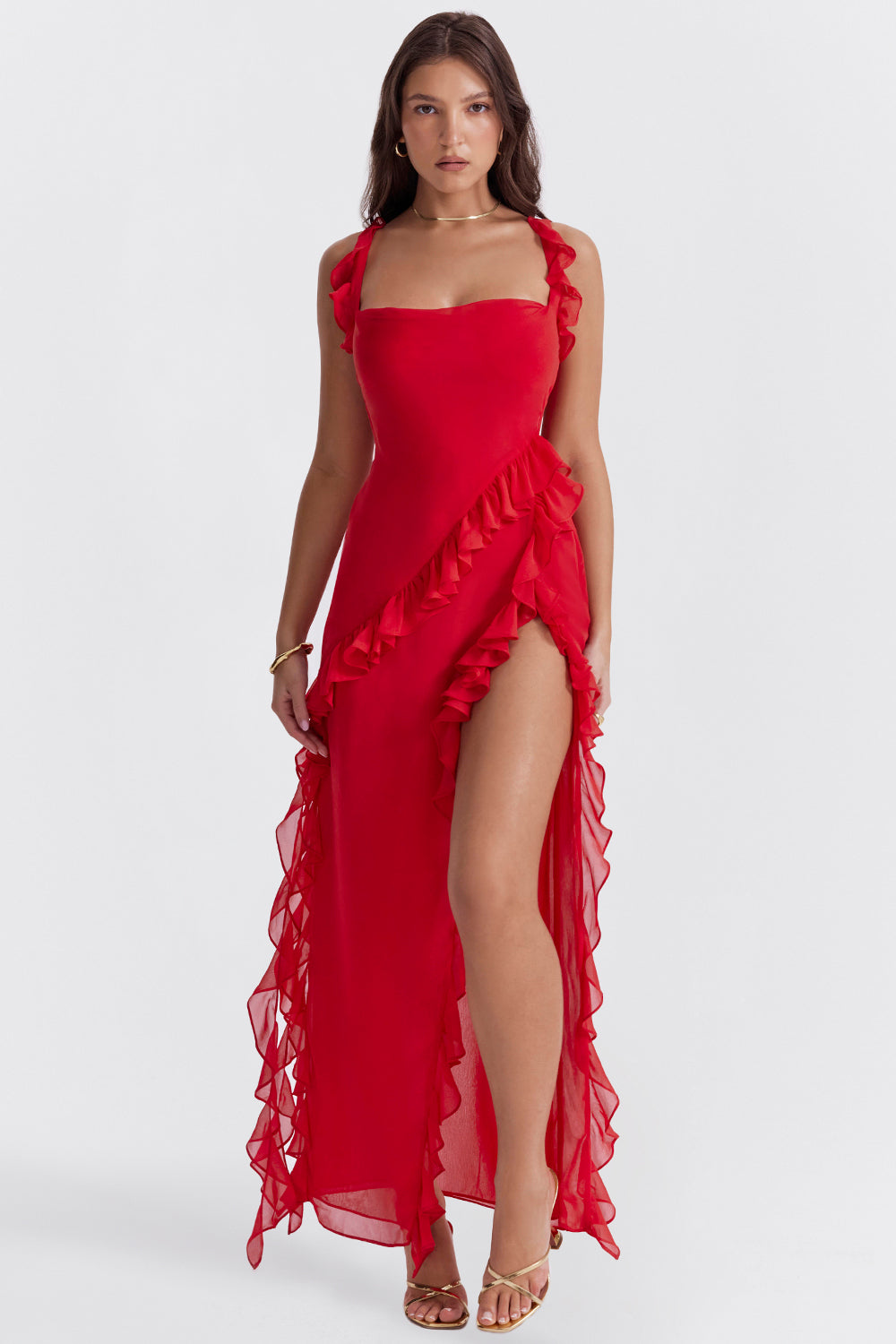 Melantha | Adjustable-Strap Ruffle High-Slit Women's Dress