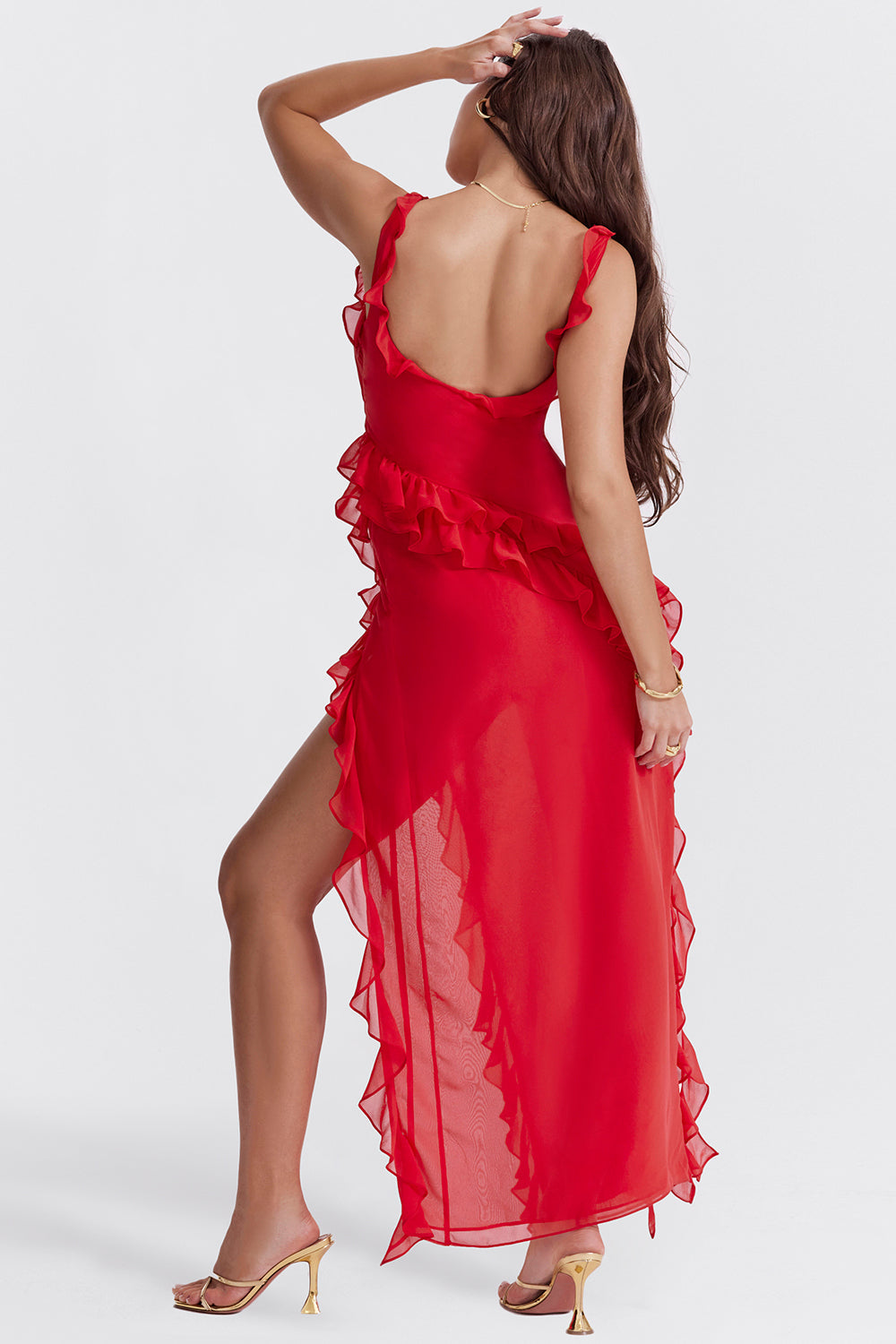 Melantha | Adjustable-Strap Ruffle High-Slit Women's Dress